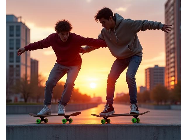 Two young skaters, founders of StreetGrind, grinding on a street ledge at sunset.