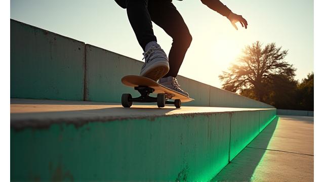Skateboarder boardsliding a ledge, board perpendicular to obstacle