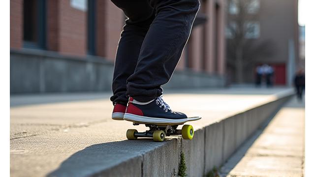 Skateboarder nosesliding a park bench, balance on the nose of the board