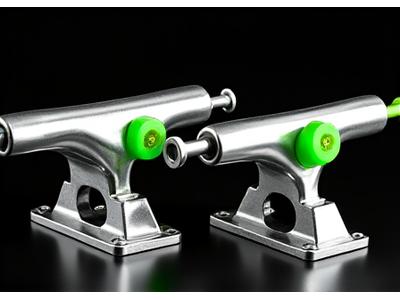 Polished silver skateboard trucks with neon green bushings